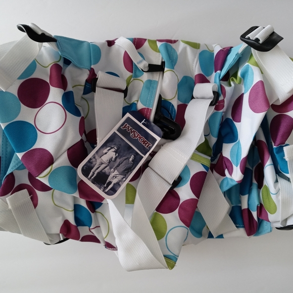 ❌SOLD❌RARE NWT NIB Jansport 20" Crazy White Dots Duffelpack Duffle Backpack - Picture 1 of 11